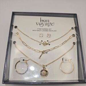 BON VOYAGE Gold Tone Layered Necklace & Two Pair Earrings Set NIB Gift Box -2897